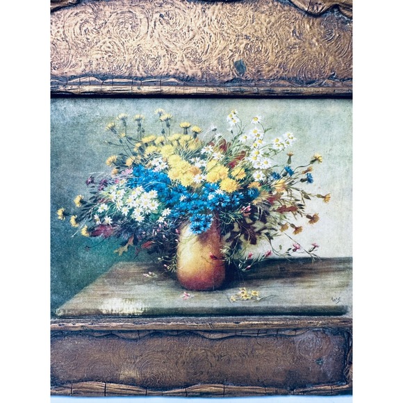 Vintage Floral Still Life Painting Ornate Textured Frame Wall Art - Picture 2 of 5